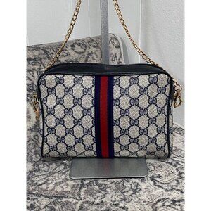 Vintage Gucci Ophidia Navy Blue Monogram Clutch Crossbody with Chain Strap